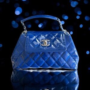 💗💙CHANEL Cobalt Blue Patent Leather Quilted Coco Shine Accordion Small Flap SHW